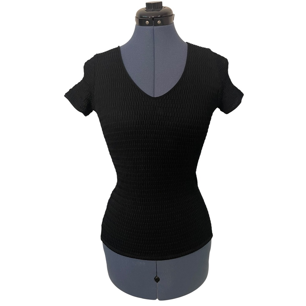 Armani Collezioni Womens Black Crinkle Smocked V Neck Short Sleeve Top Classic 2